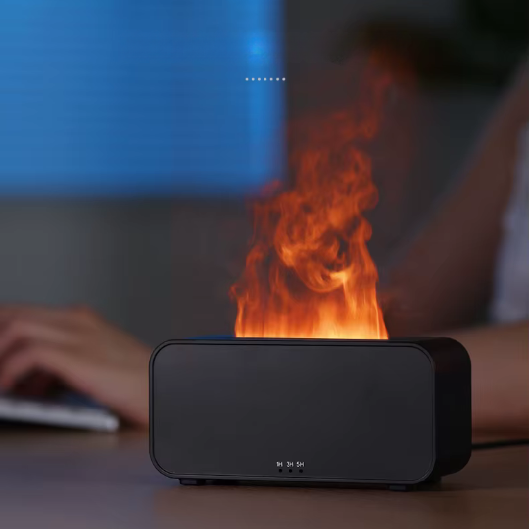 Diffuseur huiles essentielles effet flamme & brume, humidificateur 120 ml, jusqu’à 6 h (Noir) | SOULMIST