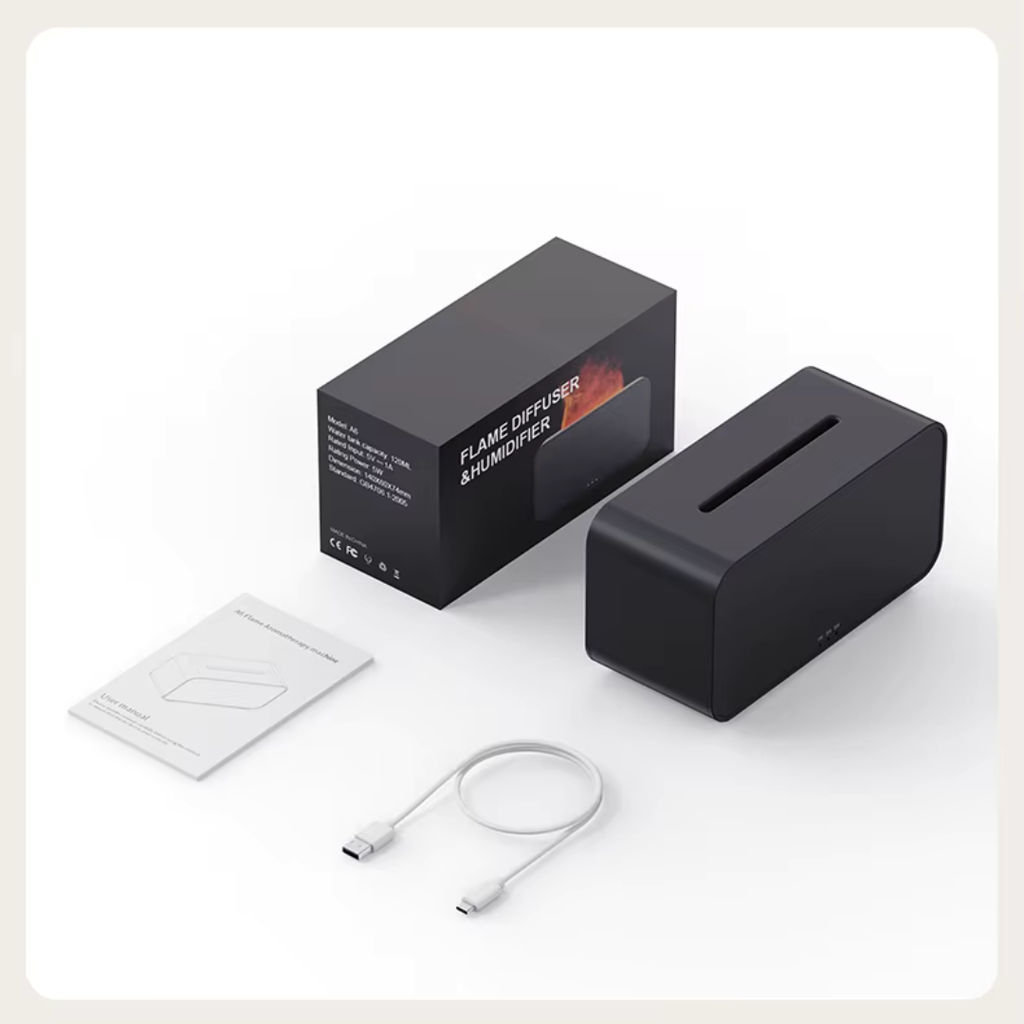 Diffuseur huiles essentielles effet flamme & brume, humidificateur 120 ml, jusqu’à 6 h (Noir) | SOULMIST