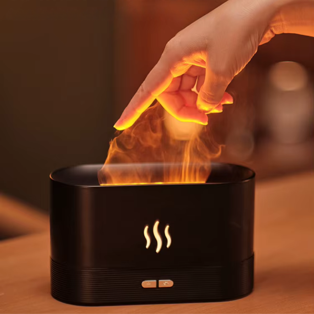 Diffuseur huiles essentielles effet flamme & brume humidificateur 180 ml, 9–12 h (Noir/Blanc)| HARMONY