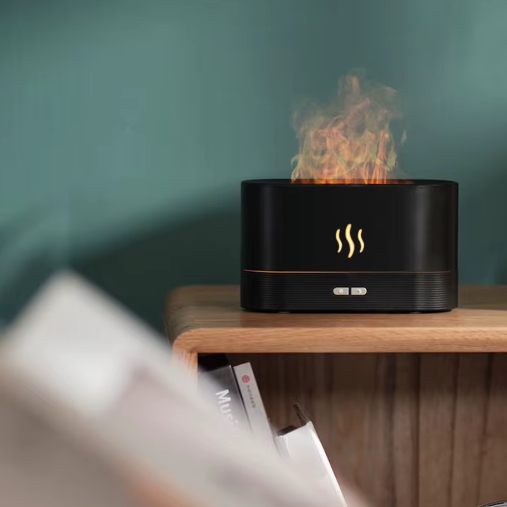 Diffuseur huiles essentielles effet flamme & brume humidificateur 180 ml, 9–12 h (Noir/Blanc)| HARMONY